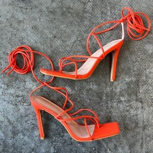 Orange Square Toe High Heels Women’s Strappy Lace Up SandalsVibrant